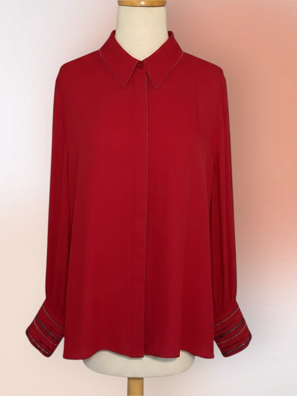 Chico’s Red Embellished Cuffs Button Front Blouse Size 2 Reg 12/14 L